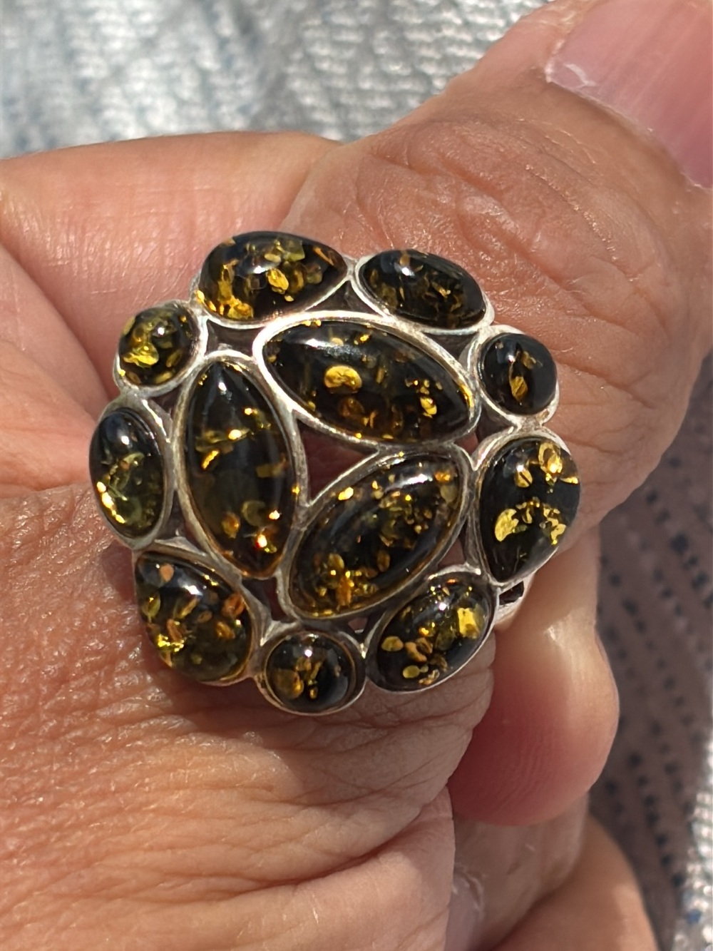 Sterling Silver Amber Cluster Statement Ring - Green Amber